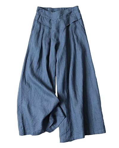 Women Cotton Linen Trousers Casual Solid Color High Waist Wide Leg Loose Palazzo Pants with Pockets