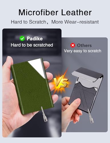 Image of Padike Business Card Holder, Leather Business Card Case Pocket Card Holders for Men or Women, Metal Slim Name Card Holder RFID Blocking Business Card Carrier with Magnetic Closure (Z-Olive Green)