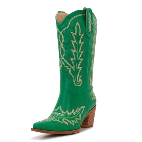 Cowboy Boots For Women - Western Mid-Calf Cowgirl Boots - Snip Toe - 3” Wood Grain Chunky Heel Embroidered Boots2