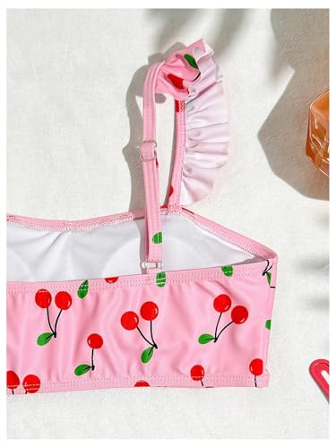 Image of RoseSeek Girl's 2 Piece Cherry Print Swimwear Ruffle Trim Ruched Bathing Suits Cute Swimsuits
