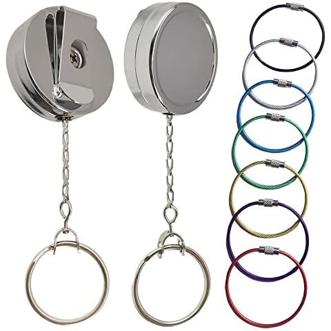 WENSUNNIE 2Pack Retractable Keychain Heavy Duty Badge Reel with 7Pack Wire Key Ring for Lanyards for ID Badges and Badge Holder with Retractable Clip Key Chain Cover
