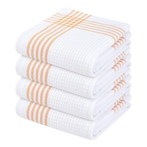 Image of Waffle White & Mustard Yellow Set of 4 Kitchen Towels, 100% Cotton, 16x26 inches, Soft and Durable Dish Towel, Quick Dry Dishcloths, Ideal for Drying Dishes, Cleaning, Wiping