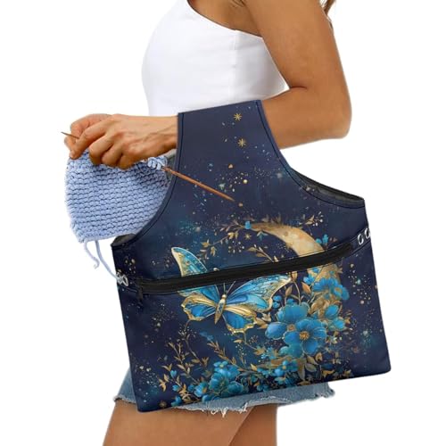 Image of ZUXONGSYBlue Moon Yarn Bags for Knitting Butterfly Yarn Tote Bag for Women Floral Portable Knitting Project HanbBag for Crochet Hooks