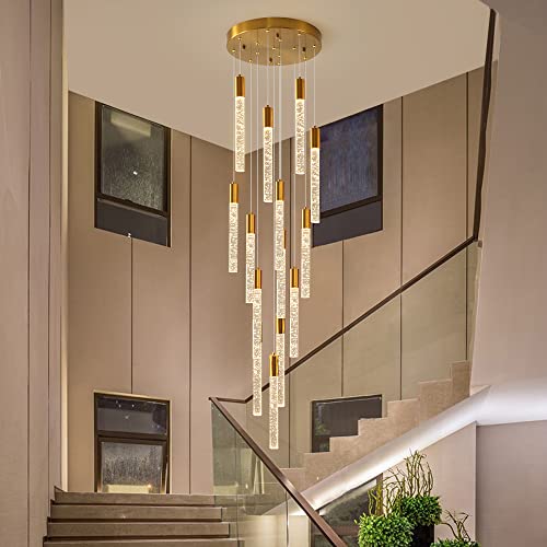Kerhene 118" High 14-Lights Foyer Chandeliers For High Ceilings, Gold Led Modern Crystal Chandeliers For Entryway, 84W Led Dimmable Raindrop Chandelier, Staircase Lights (Light Bulb Included) #TOP4
