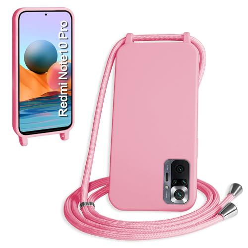 WenBaby Funda con Cuerda para Xiaomi Redmi Note 10 Pro, Líquida Silicona Carcasa con Cordón Ajustable Collar Correa de Cuello, Cubierta Prueba Golpes con Microfibra Forro (Rosa)