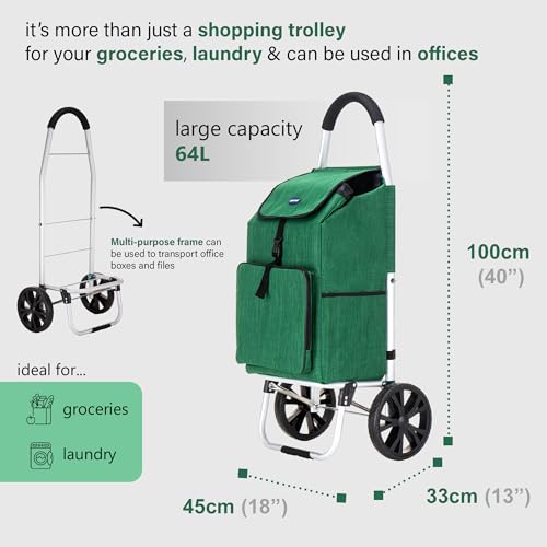 Large Lightweight Shopping Trolley With Wheels – 64L Grocery Cart With Handle, Heavy-Duty & Collapsible For Easy Storage – Ideal For Shopping, Laundry & Travel (Green) - 4