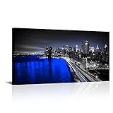 LevvArts Large Brooklyn Bridge Night View Canvas Wall Art Black and Blue New York Picture Prints City Skyline Photo Painting for Modern Home Office Living Room Decoration 24'x48' (Blue)