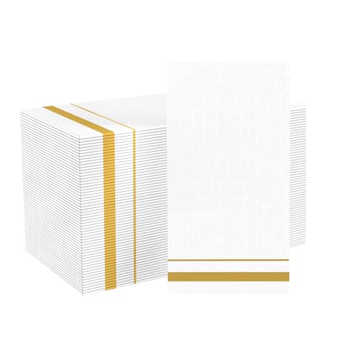 200 Pack 3-Ply Disposable Paper Napkins Soft and Absorbent Paper Hand Towels Gold Trim Lined Elegant Dinner Napkins for Kitchen Wedding Parties Dinners or Events (15.7 x 13)