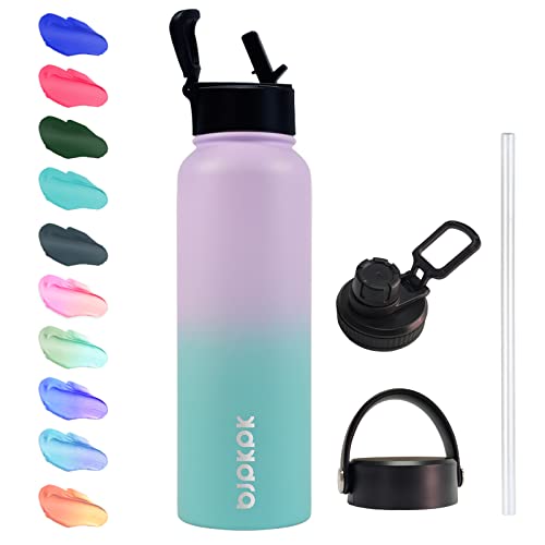 BJPKPK 40oz Insulated Water Bottles,Stainless Steel Water Bottle with Straw,Thermo Insulated Water Bottles with 3 Lids,Hot Cold Water Bottles for School- 1200ml/40oz- Oasis