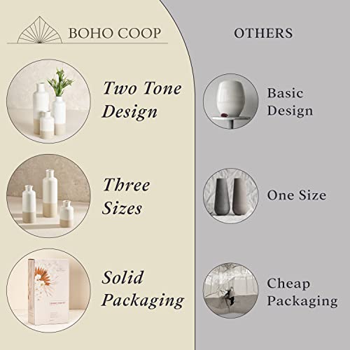 Ceramic Vase Set of 3 - Boho Pampas Grass Vase Set for Home or Living Room Decor - Rustic Farmhouse Decorations - Waterproof Table Flower Vases for Dried or Fresh Flowers