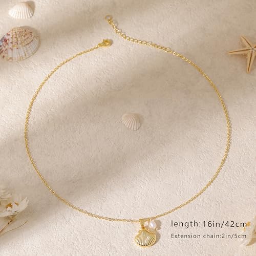 Ewrkbr Gold Necklace for Women,14K Gold Plated Shell Starfish Beach Necklaces Cute Boho Pendant Necklace Fashion Summer Waterproof Pearl Jewelry for Women3
