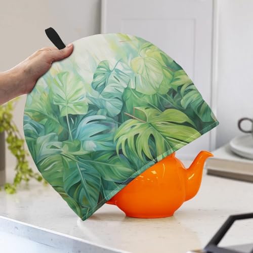 Image of Tea Pot Cover Tea Pots Cozy Insulated Tea Cozies Home Kitchen Decoration Teapot Dust Cover Warming Tea Kettle Quilt Gifts for Women Wife Mom, Green Monstera Leaf