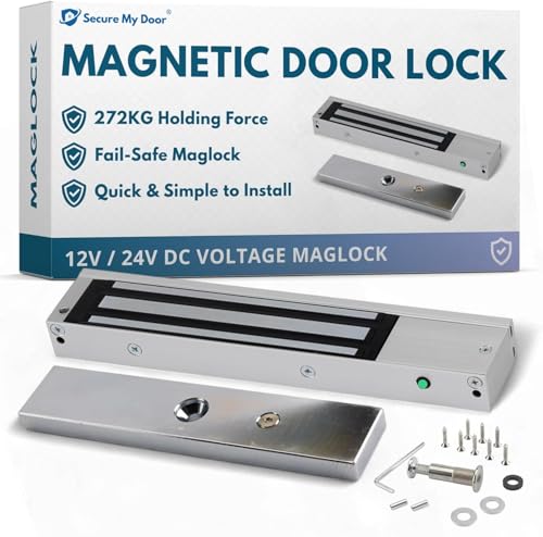SecureMyDoor - Stainless Steel Magnetic Door Lock + Z L Fixing Bracket | Fail Safe Maglock for Access Control Systems with Strong Holding Force | Mini Magnet with Monitored Status LED (Maglock Only)