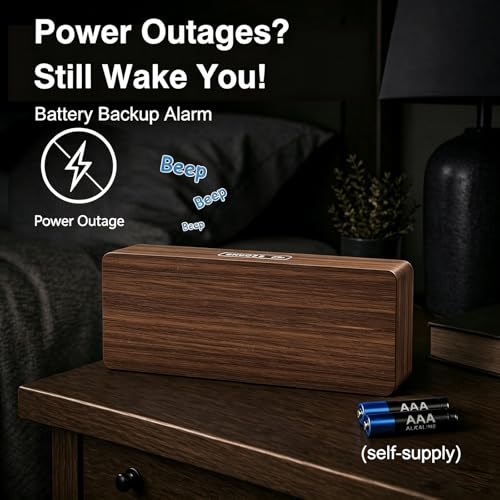 Image of Peakeep Wooden Digital Alarm Clock Large Display, Textured Decoration | for Bedroom Living Room Desk Table, Electric Plug-in Clock Battery Backup with Time Date Day, 5 Brightness, Auto DST
