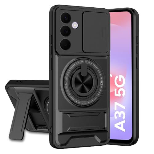 Image of Samsung Galaxy A37 5G Back Cover | Armor Camera Slider 360 Degree Rotating Finger Ring Holder Case with Bracket Stand Back Case Cover (Compatible with MagSafe Accessories) (Black)