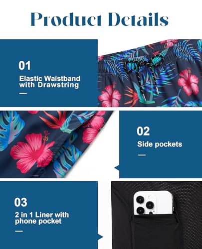 Image of Gleeease 7inch Mens Swim Trunks 2 in 1 with Compression Liner Pockets Drawstring Quick Dry Stretch Lined Funny Beach Pool
