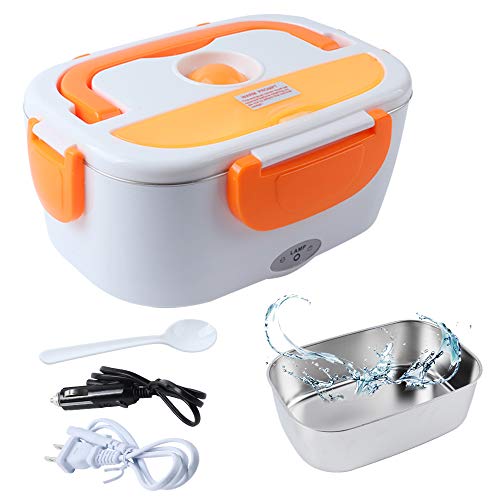 VIGIND Electric Lunch Box 2 in 1 Food Heater Warmer 1.5L With Removable 304 Stainless Steel Container,Tiffin box Lunch Bento Portable for Car, Office, School and Home Use 110V & 12V 40W (Orange)