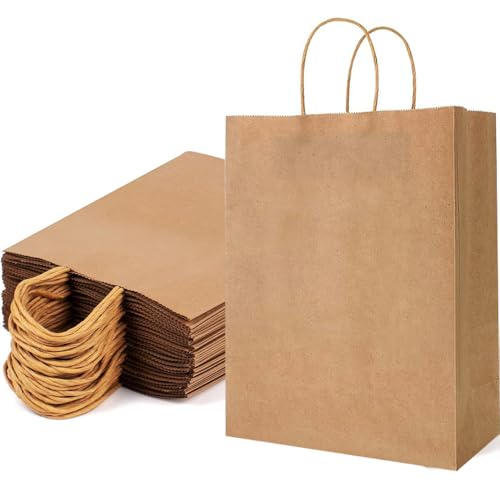 クラフトブラウン 手提げ紙袋 25 枚セット ?版中号 21×11×27cm 厚手再生紙 シール 2 種付き プレゼント包装用(誕生日・クリスマス・結婚式)