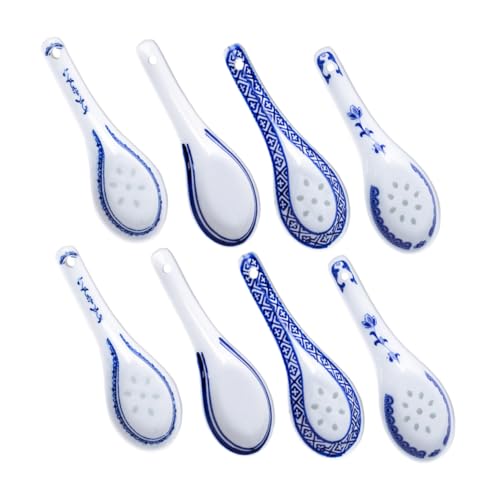 Cabilock 8Pcs Ceramic Soup Spoon Japanese Ramen Spoons with Floral Design for Asian Rice and Dessert for Chinese and