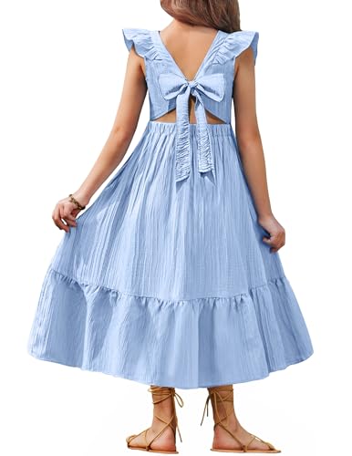 Arshiner Girls Summer Tie Back Dress Tween Boho Casual Square Neck Flutter Sleeve Maxi Dresses with Pockets
