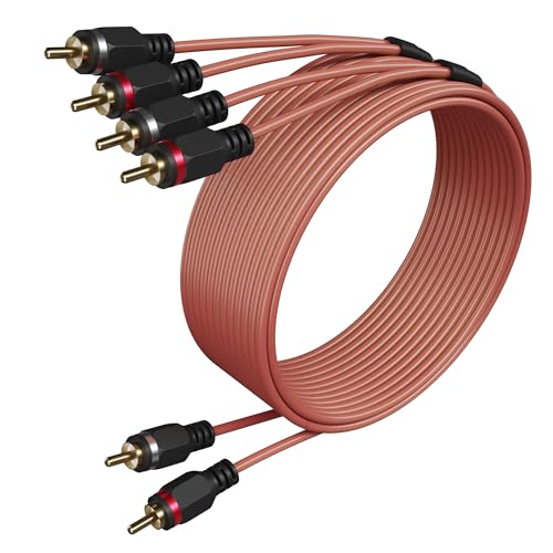 2 to 4 Channel Male RCA Car Audio Cable 15 Ft, Bi-Directional Y Splitter RCA Adapter Interconnect Cord, OFC Shielded Gold-Plated for Hi-Fi Systems, Home Theater, Car Stereo, Amplifiers, Speakers-Brown
