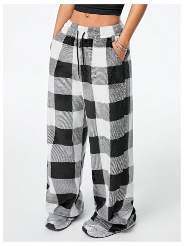 Women's Y2k Plaid Elastic Waist Pants Gingham Straight Wide Leg Long Trousers Lounge Trousers with Pockets3