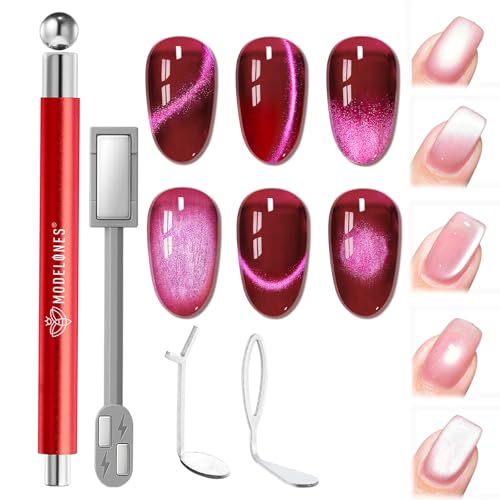 Image of modelones Cat Eye Magnet Set, 5PCS 3-in-1 Dual-Head Nail Magnet Pen with Heart, Lightning & Ball Shapes for Cateye Gel Polish, Side Light Wide Light Glass Glow Effects, DIY Nail Art Tool