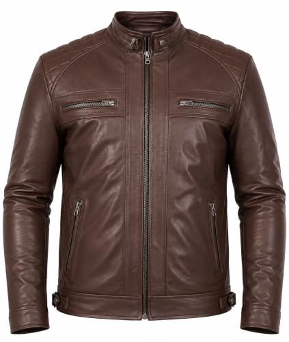 Image of Genuine Leather Men's cafe racer jacket Sheepskin Quilted Motorcycle Style Lambskin Leather Jacket Men