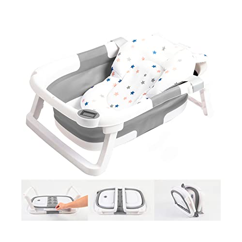 Image of napei Collapsible Baby Bathtub,Baby Bath Tub with Soft Cushion & Thermometer,Baby Bathtub Newborn to Toddler 0-36 Months,Portable Travel Baby Tub