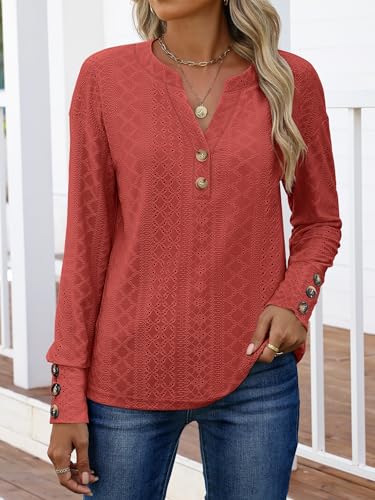 ANRABESS Womens Eyelet Tops Long Sleeve Henley Shirts Business Dressy Casual Blouse Vacation T-Shirt 2025 Fall Outfits2