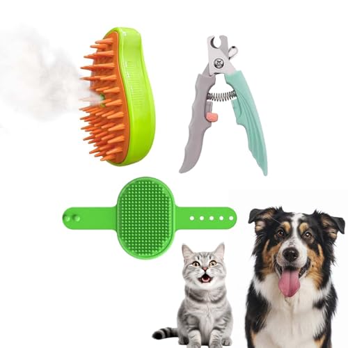 PawBabas 3-in-1 Pet Grooming Set for Dogs & Cats | Nail Clipper with Safety Lock + Steam Massage Brush + Silicone Glove Brush | Trimming, Bathing, Detangling & Fur Removal | Safe & Easy Home Grooming