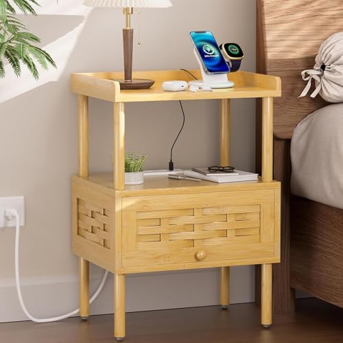 Amazer Bamboo Nightstand with Charging Station, Bedside Table with USB Ports & Outlets, End Table, Night Stand for Bedroom Lift-Up Drawer & Open Shelf, Natural Color