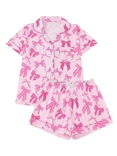 SHENHE Women's 2 Piece Pajama Set Bow Graphic Button Down Short Sleeve Lapel Shirt Pj Short Set