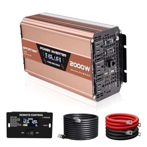 EFFORTWAY 2000W Pure Sine Wave Inverter, 4000W Peak, 12V DC to 120V AC Power Inverter, LCD Display...