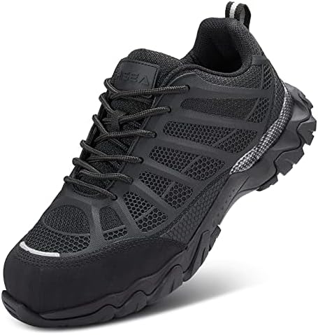HISEA Steel Toe Shoes for Men Breathable and Comfortable Safety Work Shoes,Slip Resistant Industrial & Construction Work Sneakers Black Size 9.5