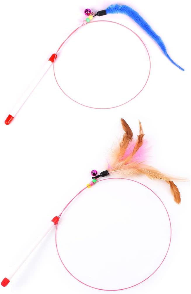 2piezas de juguete interactivo para gatos juguete de plumas para gatos mascotas alambre de acero cuentas de campana entrenamiento juguete interactivo cazador de gatitos para ejercicio juego divertido