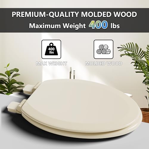 Image of Angol Shiold Slow Close Wood Toilet Seat（Bone, Elongated 18.5''）
