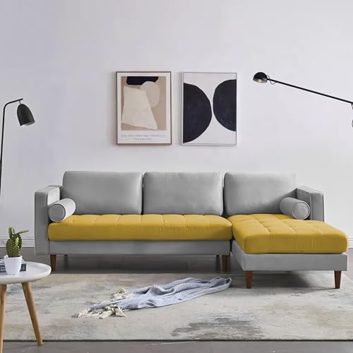Image of Lezra RHS 4 Seater L Shape Sofa Set for Living Room (Yellow Grey Fabric) Premium Fabric Sofa