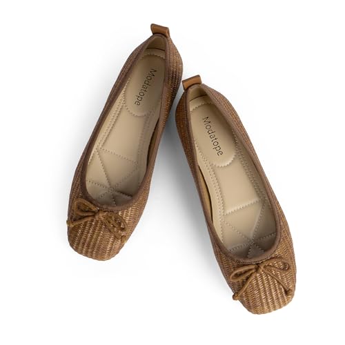 Modatope Ballet Flats with Bow Ballerina Closed Square Toe Slip on Bowknot Flats Shoes for Women Dressy 6 Brown Woven