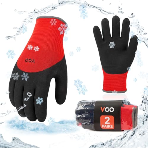 Vgo... 2-Pairs Freezer Winter Work Gloves, Double Lining Rubber Latex Coated for Outdoor Heavy Duty Work (Size M, Red, RB6032)