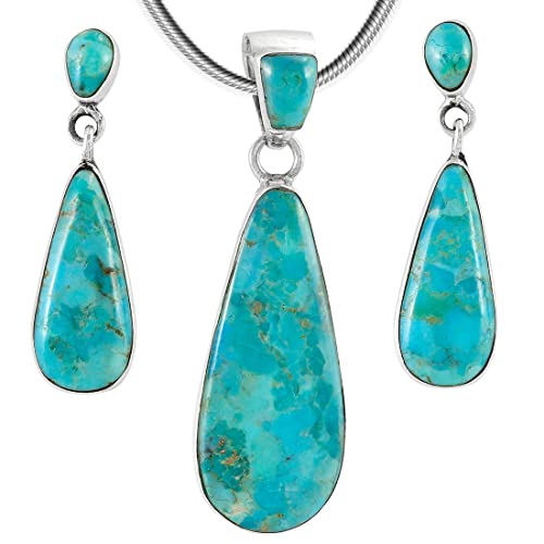Matching Turquoise Pendant & Earrings Set 925 Sterling Silver (Pendant, Earrings, Stainless Necklace 20