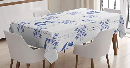 Ambesonne Vintage Blue Tablecloth, Symbolic Dutch Cultures with Clogs Canal Houses and Tulips, Rectangular Table Cover for Dining Room Kitchen Decor, 52