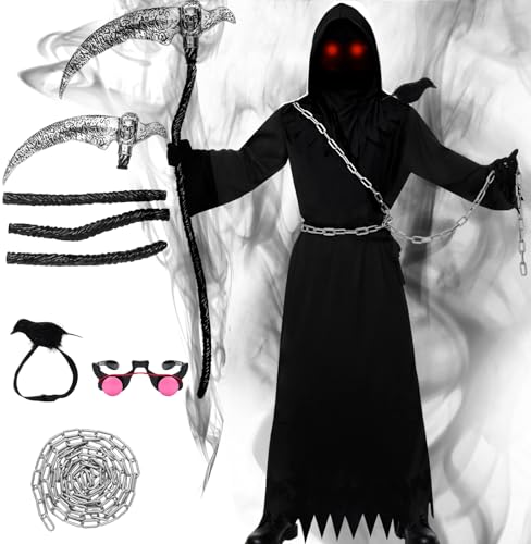 HarnyLoom Costume da Tristo Mietitore per Bambini Adulti, Spaventoso Falce Triste Halloween Mantello Vestito Fantasia Donne Uomini con Catena di Sythe Grim Halloween Cape Robe (Adulta, M(160-175))