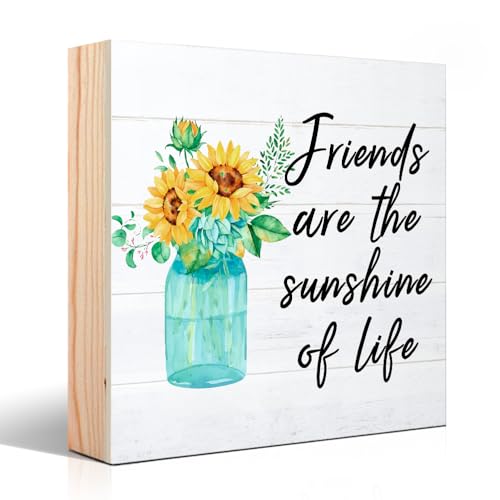 Vgrti Friends Are The Sunshine Of Life Floral Wooden Box Sign, Sunflower Friendship Desk Decor for Home Office Shelf, Birthday Gifts for Women Sister Besties Best Friends Long Distance Friendship