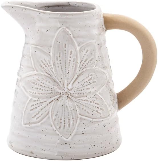 Napco Imports Decorative Home or Garden 6 x 5.5 Inch Pitcher Flower Pot Vase Planter White and Beige Embossed Floral