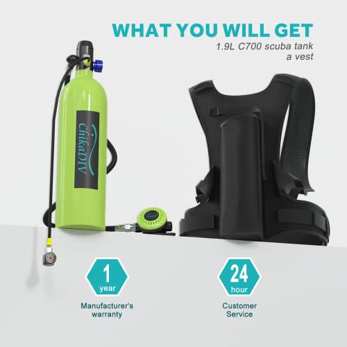 Chikadiv 1.9L Scuba Tank With 25-30Mins Diving Time, Dot Certified Mini Scuba Tank Made Of Aviation Aluminum Portable Diving Tank Set Suitable Within 10M, For Underwater Exploration A-Green #TOP6