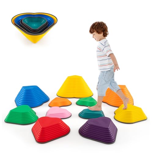 COSTWAY 11-Piece Kids Stepping Stones, Children Obstacle Course Stackable Balance Blocks with Full Non-Slip Edge, Heart-Shaped Balance Stones for Toddlers