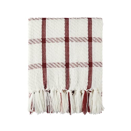 Image of CREVENT Chenille Throw Blanket Breathable Soft Warm for Sofa Bed Home Decor with Tassels (Red and White) 50 inchx60 inch