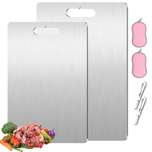 Titanium Chopping Boards for Kitchens 2 PCS - Titanium Cutting Board with Kitchen Sponge and Peeler, Upgrade Multifunctional Stainless Steel Cutting Board Double-Sided Food Grade Yamato