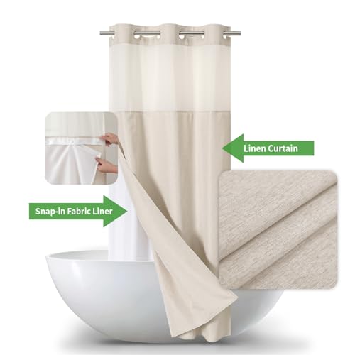 eachope Stall No Hooks Needed Linen Textured Shower Curtain with Snap-in Fabric Liner Set,Hotel Luxury Decor Shower Curtains for Bathroom with Mesh Top Window,Waterproof & Washable,36Wx74H,Cream by eachope - Image 2